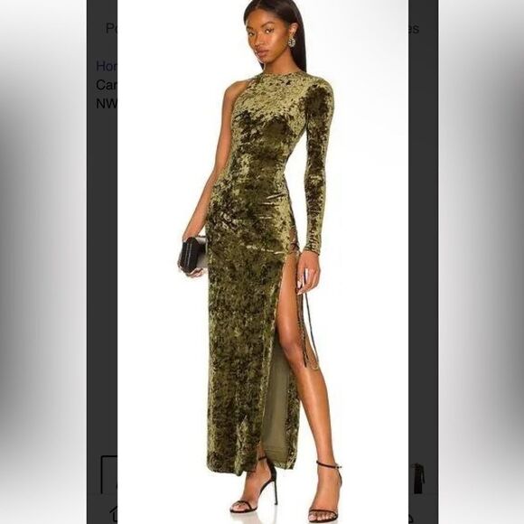 Camila Coelho Revolve Gabriel Maxi Olive Green crushed velvet lace up dress S - Picture 2 of 16